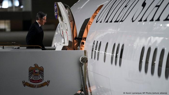 US Secretary of State Antony Blinken boards a US government plane 
