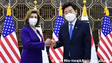 U.S. House Speaker Nancy Pelosi, left, poses with South Korean National Assembly Speaker Kim Jin Pyo before their meeting at the National Assembly in Seoul, South Korea Thursday, Aug. 4, 2022. (Kim Min-Hee/Pool Photo via AP)