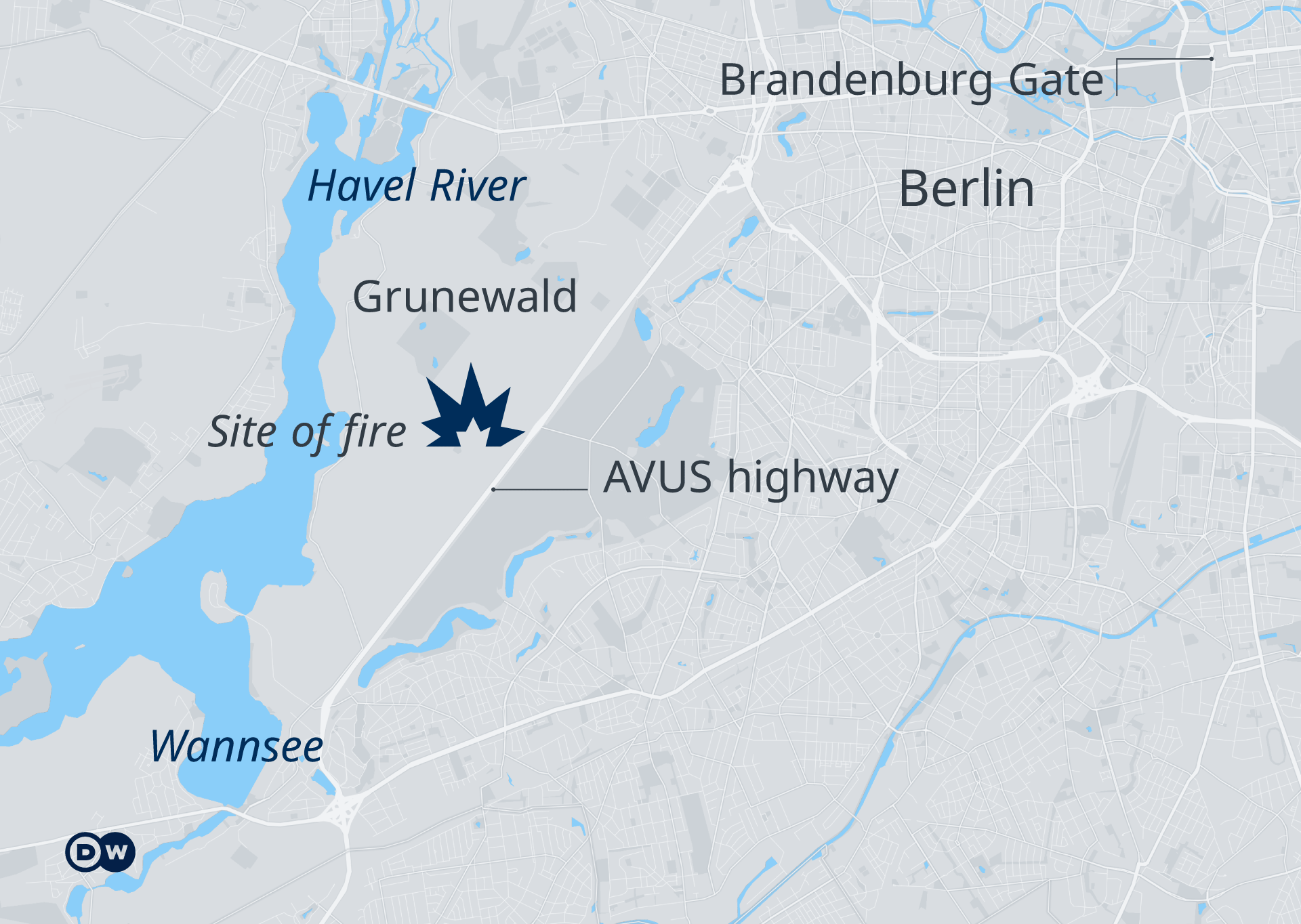 Karte Feuer nach Explosion Grünewald Berlin EN