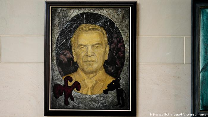 A portrait of former German Chancellor Gerhard Schröder by German artist Joerg Immendorff is displayed as part of the 'Chancellors Gallery' at the chancellery in Berlin
