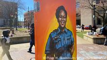 A painting of Breonna Taylor is among the art pieces decorating the center of Jefferson Square Park in Louisville, Ky., for a memorial on the two-year anniversary of Taylor's death, Sunday, March 13, 2022. (AP Photo/Piper Hudspeth Blackburn)