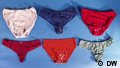 Six different panties, three of them showing white stains illustrated with confetti.