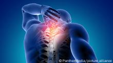 3D render of a male medical figure with top of spine highlighted
