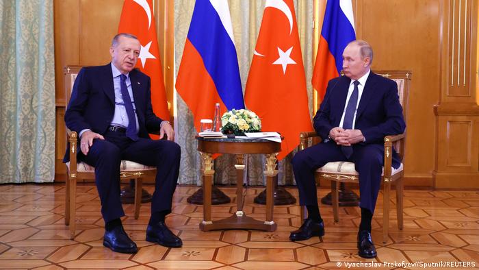 Turkish President Tayyip Erdogan speaking during a a meeting in Sochi, Russia with Russian President Vladimir Putin 