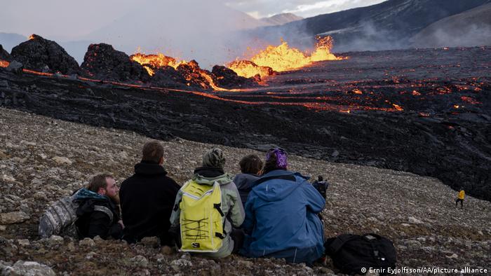 Molten lava flowing from a fissure several hundred metres long on Iceland's Reykjanes peninsula