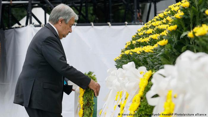 UN Secretary General Antonio Guterres lays a wreath at the cenotaph for the atomic bombing victims at the Hiroshima Peace Memorial Park