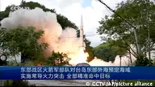 In this image taken from video footage run by China's CCTV, a projectile is launched from an unspecified location in China, Thursday, Aug. 4, 2022. China says it conducted precision missile strikes in the Taiwan Strait on Thursday as part of military exercises that have raised tensions in the region to their highest level in decades. (CCTV via AP)