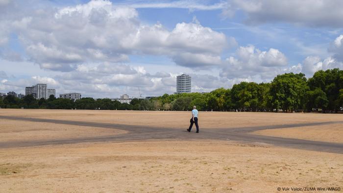 Un hombre cruza el seco césped del Hyde Park de Londres.
