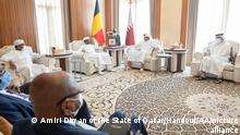 6.8.2022, DOHA, QATAR - AUGUST 06: (----EDITORIAL USE ONLY Äì MANDATORY CREDIT - AMIRI DIWAN OF THE STATE OF QATAR / HANDOUT - NO MARKETING NO ADVERTISING CAMPAIGNS - DISTRIBUTED AS A SERVICE TO CLIENTS----) Chairman of ChadÄôs Transitional Military Council, Mahamat Idriss Deby meets Emir of Qatar Sheikh Tamim bin Hamad Al Thani during his official visit in Doha, Qatar on August 06, 2022. Amiri Diwan of the State of Qatar/Handout / Anadolu Agency