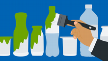 An illustration of green paint being applied to plastic bottles and cups