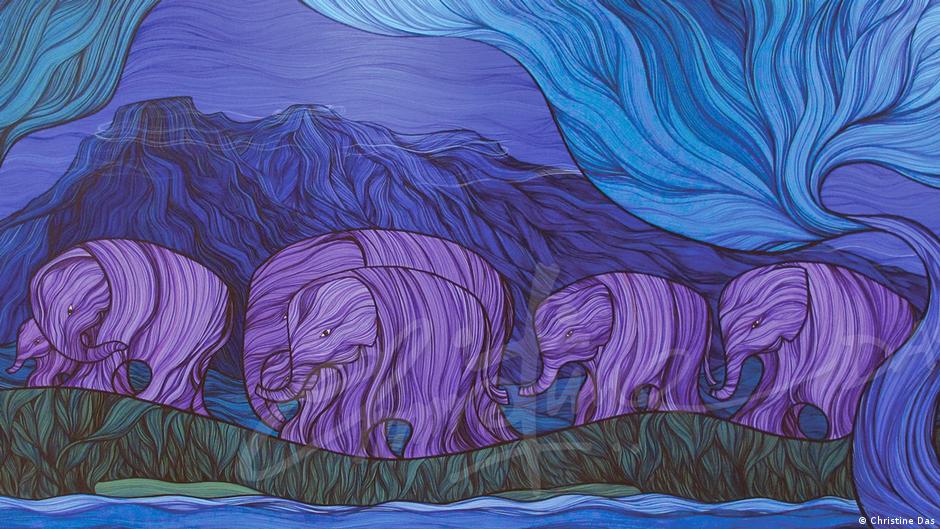 The Elephant Walk painting in purple, blue and green shows elephants walking mainly in line, by Christine Das.