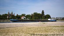 08.08.2022, Baden-Württemberg, Altlußheim: Ein Schiff fährt auf dem Rhein mit Niedrigwasser. Im Hintergrund ist der Dom zu Speyer in Rheinland-Pfalz zu sehen. (Zu dpa «Kein Regen in Sicht - Experten: außergewöhnliche Lage an Gewässern») Foto: René Priebe/PR-Video/dpa +++ dpa-Bildfunk +++