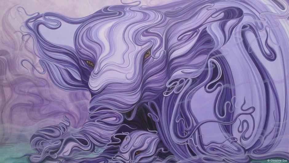 Painting in purple title Sheltered in Your Shadow by Christine Das.