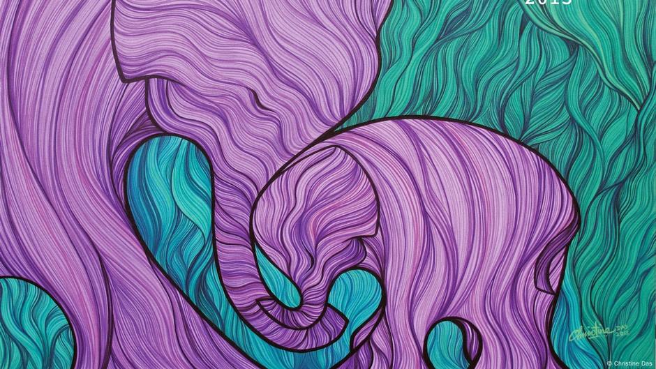 Larger elephant with trunk entwined with smaller elephant, in purple and green colors.