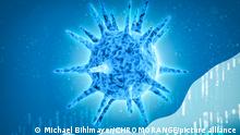 An illustration of the coronavirus in icy blue