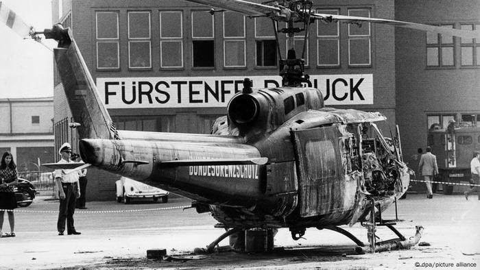 A burnt-out helicopter at the military airfield Furstenfeldbruck. Black and white photo of September 6, 1972. A burnt-out helicopter at the military airfield Furstenfeldbruck. Black and white photo of September 6, 1972.