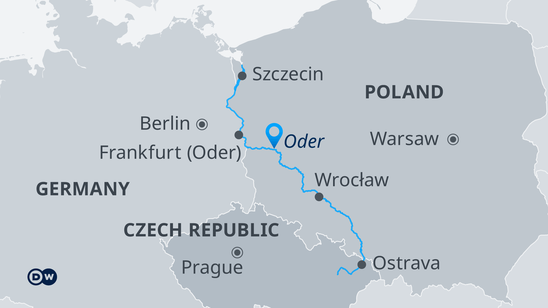 un mapa que muestra el curso del río Oder