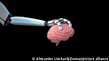 Humanoid robot hand with human brain isolated on the black background. 3d illustration.