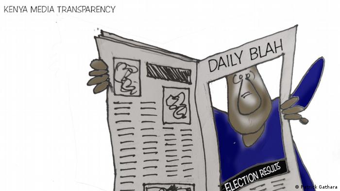 Cartoon by Patrick Gathara: Newspaper reader looks into a newspaper with only a hole under the headline Election results.