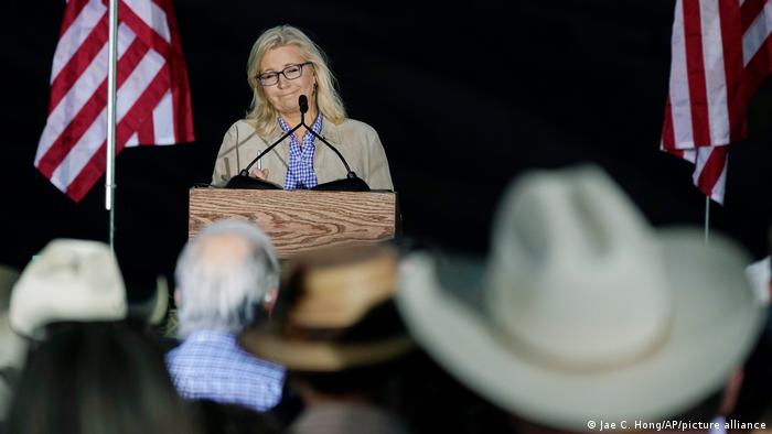 Liz Cheney speaks at a primary Election Day gathering in Jackson, Wyoming