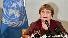 United Nations High Commissioner for Human Rights Michelle Bachelet speaks during a press conference in Dhaka on August 17, 2022. (Photo by Munir uz zaman / AFP)