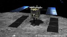 (190222) -- TOKYO, Feb. 22, 2019 (Xinhua) -- Simulated picture shows Hayabusa2 touching down on the asteroid Ryugu. Japan's Hayabusa2 space probe successfully landed on the asteroid Ryugu, data from the Japan Aerospace Exploration Agency (JAXA) confirmed Friday. (Xinhua/JAXA)