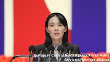 FILE - This photo provided on Aug. 14, 2022, by the North Korean government, Kim Yo Jong, sister of North Korean leader Kim Jong Un, delivers a speech during the national meeting against the coronavirus, in Pyongyang, North Korea, on Wednesday, Aug. 10, 2022. In a Friday, Aug. 19, 2022, commentary published by local media, Kim says her country will never accept South Korean President Yoon Suk Yeol’s “foolish” offer of economic benefits in exchange for denuclearization steps, accusing Seoul of recycling past proposals Pyongyang already rejected. (Korean Central News Agency/Korea News Service via AP)
