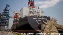The first UN-chartered vessel MV Brave Commander loads more than 23,000 tonnes of grain to export to Ethiopia, in Yuzhne, east of Odessa on the Black Sea coast, on August 14, 2022. - On July 22, 2022 Kyiv and Moscow signed a landmark deal with Turkey to unblock Black Sea grain deliveries, following Russia's invasion of Ukraine. UN's World Food Programme has purchased an initial 30,000 tonnes of Ukrainian wheat. MV Brave Commander has a capacity of 23,000 tonnes. (Photo by OLEKSANDR GIMANOV / AFP) (Photo by OLEKSANDR GIMANOV/AFP via Getty Images)