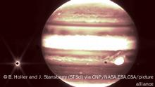 Fans of Jupiter will recognize some familiar features of our solar systemâs enormous planet in these images seen through Webbâs infrared gaze. A view from the NIRCam instrumentâs short-wavelength filter shows distinct bands that encircle the planet as well as the Great Red Spot, a storm big enough to swallow the Earth. The iconic spot appears white in this image because of the way Webbâs infrared image was processed. âCombined with the deep field images released [earlier], these images of Jupiter demonstrate the full grasp of what Webb can observe, from the faintest, most distant observable galaxies to planets in our own cosmic backyard that you can see with the naked eye from your actual backyard,â said Bryan Holler, a scientist at the Space Telescope Science Institute in Baltimore, who helped plan these observations. On the left, Jupiter glows in yellow with darker orange bands across it. Clearly visible at left is Europa, a moon with a probable ocean below its thick icy crust, and the target of NASAâs forthcoming Europa Clipper mission. Whatâs more, Europaâs shadow can be seen to the left of the Great Red Spot. Other visible moons in these images include Thebe and Metis. Credits: NASA, ESA, CSA, and B. Holler and J. Stansberry (STScI) via CNP