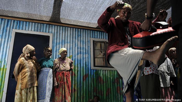 A group of elderly women learning the rudiments of martial arts in order to survive in one of Kenya's most dangerous shanty towns