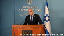 Israeli Prime Minister Yair Lapid speaks at a security briefing about Iran for the foreign press at the Prime Minister's office in Jerusalem, on Wednesday, August 24, 2022. Photo by Debbie Hill/UPI Photo via Newscom picture alliance