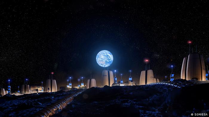 An artist's interpretation of future moon bases, showing the Earth as seen from the moon in dark sky of space