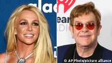 This combination of photos show Britney Spears at the 29th annual GLAAD Media Awards in Beverly Hills, Calif., on April 12, 2018, left, and Elton John at the iHeartRadio Music Awards on Thursday, May 27, 2021, in Los Angeles. Spears and John have collaborated for the first time, creating the slinky, club-ready single Hold Me Closer that sees the pop icons take old sounds and fashion something new. (AP Photo)