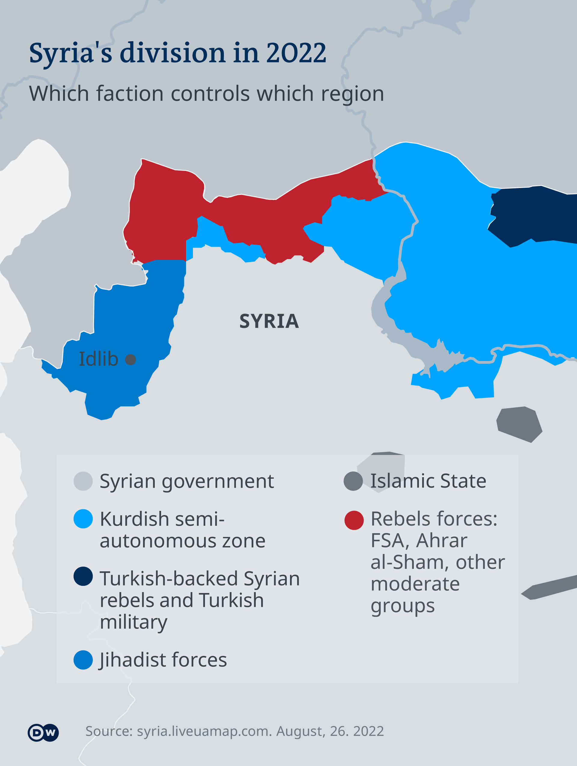 Map: Syrian territory according to controlling group, from semiautonomous Kurdish regions to regime-dominated
