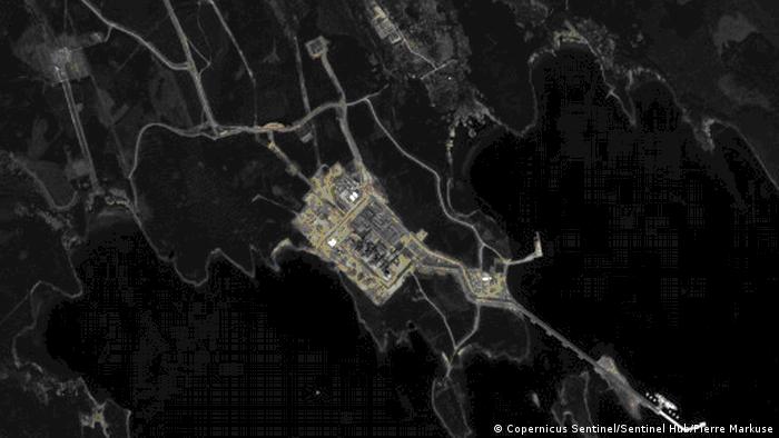 A satellite image from Copernicus Sentinel appears to show a gas flare in Portovaya, Russia. The plant is located near Russia’s border with Finland, northwest of St Petersburg. 