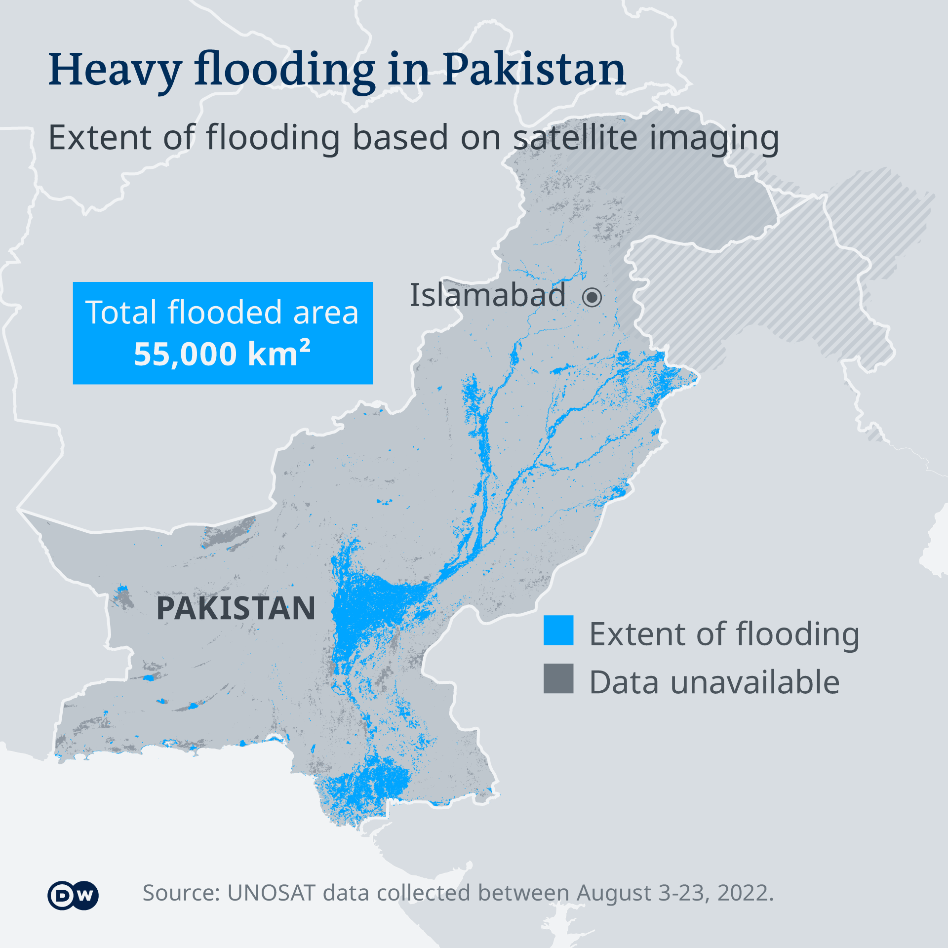 Infografik Fluten in Pakistan 2022 Karte überflutete Gebiete EN