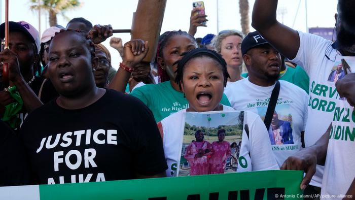 Protesters gather during a demonstration to demand justice for Nigerian street vendor Alika Ogochukwu in Civitanova Marche, Italy Protesters gather during a demonstration to demand justice for Nigerian street vendor Alika Ogochukwu in Civitanova Marche, Italy