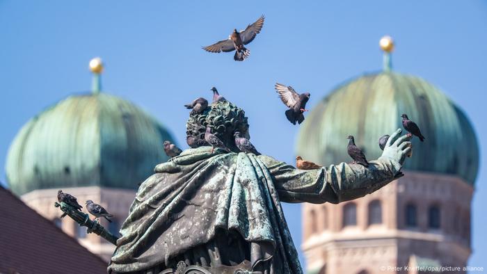 Palomas se posan en el monumento del rey Maximiliano I de Baviera en Múnich. El Rey, y su Primer Ministro Montgelas, fueron creadores del Estado bávaro moderno. Impulsar la secularización, introdujeron la escolarización obligatoria, crearon un sistema uniforme de pesos, medidas y moneda. En 1807, Baviera se convirtió en el primer país del mundo en introducir la vacunación contra la viruela.