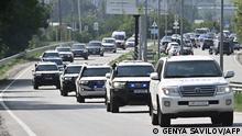 UN vehicles transporting an International Atomic Energy Agency (IAEA) inspection team arrive to Zaporizhzhia on August 31, 2022. (Photo by Genya SAVILOV / AFP)