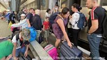 Ukrainian refugees depart the train in Liviv Ukraine after traveling from the PrzemyÅl Glowny train station in Poland on Tuesday, August 30, 2022. The train was delayed by about 2 hours. The Russians invaded Ukraine on February 24, 2022 and more than 9 million people left the country. The situation is changing. More Ukrainians are returning home trying to resume a normal life. Photo by Tom O'Neill (Photo by Thomas O'Neill/NurPhoto)