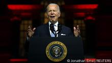 US President Joe Biden speaks about the soul of the nation, outside of Independence National Historical Park in Philadelphia, Pennsylvania, on September 1, 2022. (Photo by Jim WATSON / AFP)