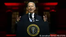 US President Joe Biden speaks about the soul of the nation, outside of Independence National Historical Park in Philadelphia, Pennsylvania, on September 1, 2022. (Photo by Jim WATSON / AFP)
