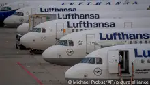 Lufthansa aircrafts are parked at the airport in Frankfurt, Germany, Friday, Sept.2, 2022. Hundreds of Lufthansa flights have been canceled as pilots stage a one-day strike to press their demands for better pay and conditions at Germany’s biggest carrier. (AP Photo/Michael Probst)