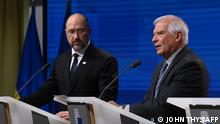 European Union for Foreign Affairs and Security Policy Josep Borrell (R) speaks next to Ukraine Prime Minister Denys Shmyhal (L) during a press conference during an EU-Ukraine Association Council meeting at the EU headquarters in Brussels on September 5, 2022. (Photo by John THYS / AFP)