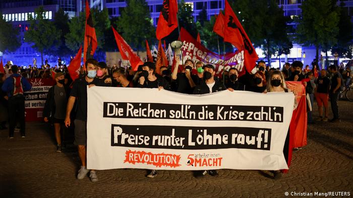 People take part in left-wing protests against rising energy prices and rising cost of living in Leipzig, Germany.