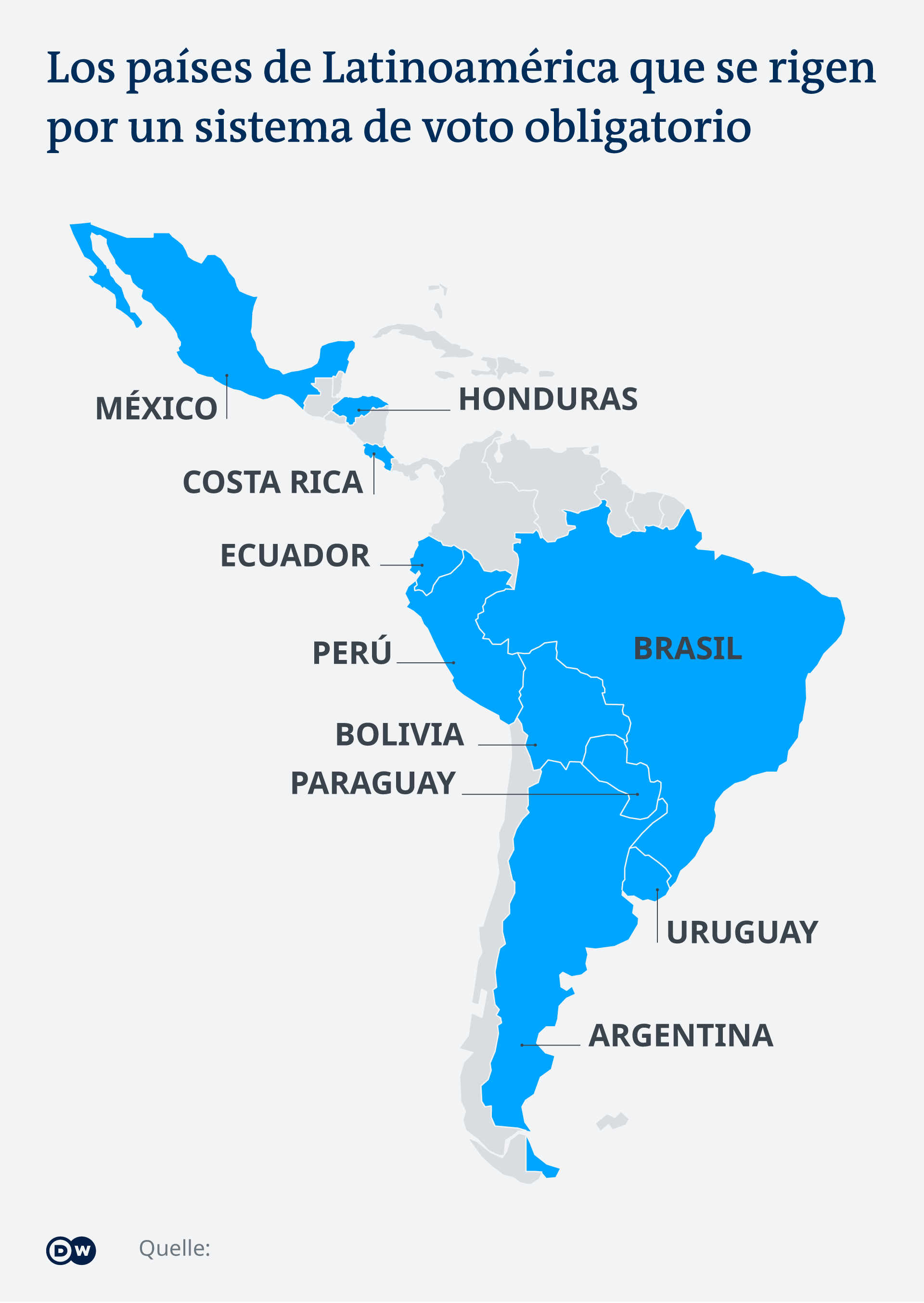 El mapa de Latinoamérica con aquellos países con voto obligatorio.