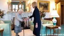 Queen Elizabeth welcomes Liz Truss during an audience where she invited the newly elected leader of the Conservative party to become Prime Minister and form a new government, at Balmoral Castle, Scotland, Britain September 6, 2022. Jane Barlow/Pool via REUTERS TPX IMAGES OF THE DAY 