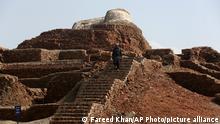 A Pakistani man walks in Mohenjo Daro, a UNESCO World Heritage Site, after heavy rainfall in Larkana District, of Sindh, Pakistan, Tuesday, Sept. 6, 2022. In flood-stricken Pakistan where an unprecedented monsoon season has killed hundreds of people, the rains now threaten the famed archeological site dating back 4,500 years, the site’s chief official said Tuesday. (AP Photo/Fareed Khan)