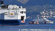 The Geo Barents ship managed by the NGO Doctors Without Borders carryng 186 migrants and 10 corpses on board, rescued in the Mediterranean Sea, in the harbor off Messina for transshipment to the Coast Guard vehicles. Messina, Italy, 19 November 2021. ANSA/CARMELO IMBESI