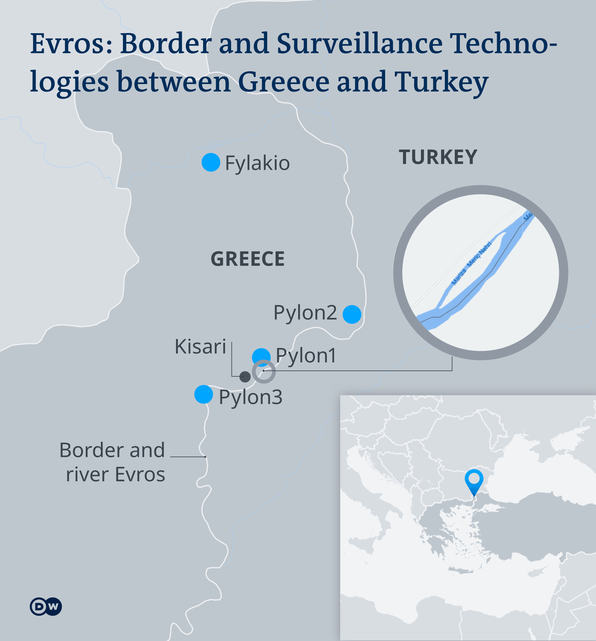 Infografik Karte Evros: Grenz- und Überwachungstechnologien zwischen Griechenland und der Türkei EN
